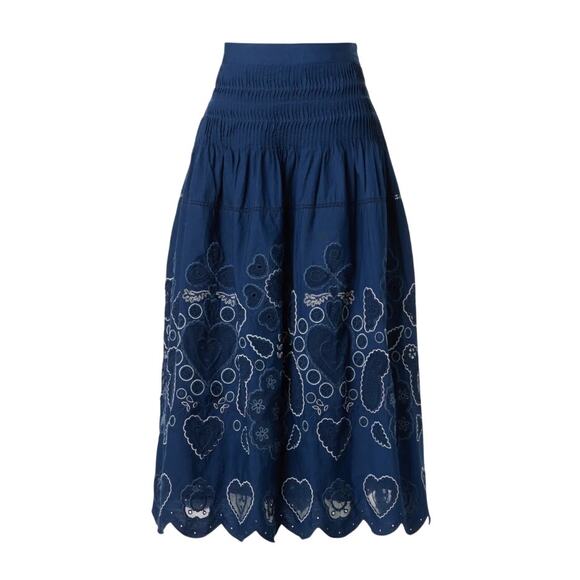 SEA Blue Eyelet Full Midi Skirt SIZE 4 Embroidered Prairie Western Designer $485 - Picture 4 of 13
